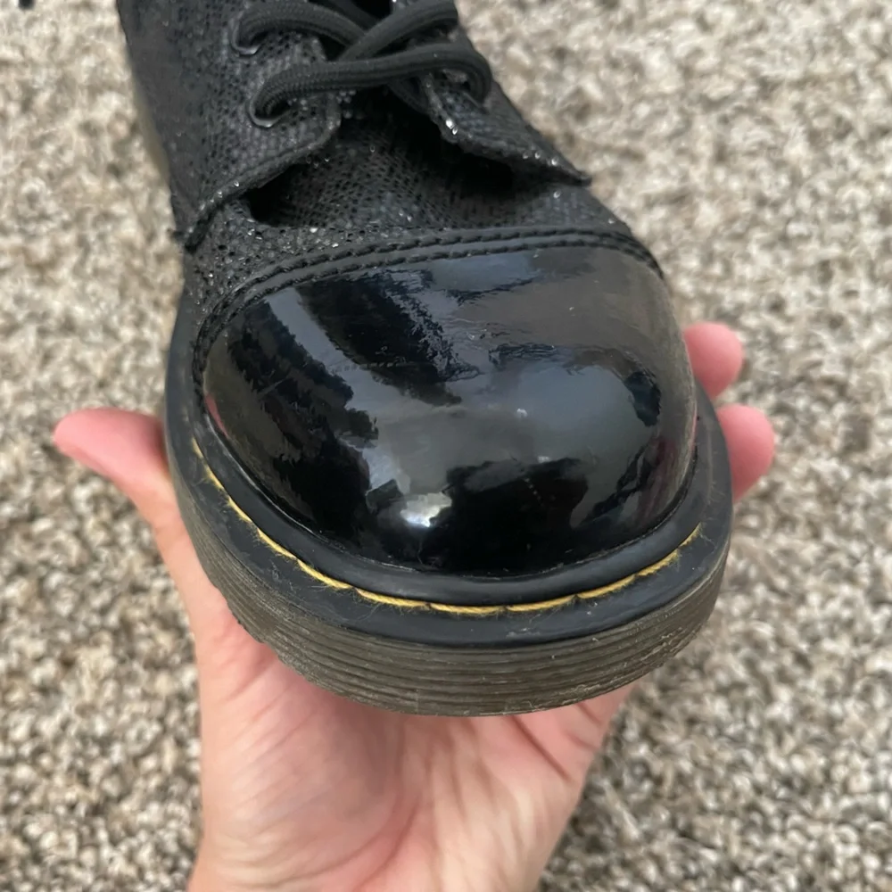 Youth Little Girl’s Doc Dr. Martens Pooch Black Sparkly Combat Boots Size 3